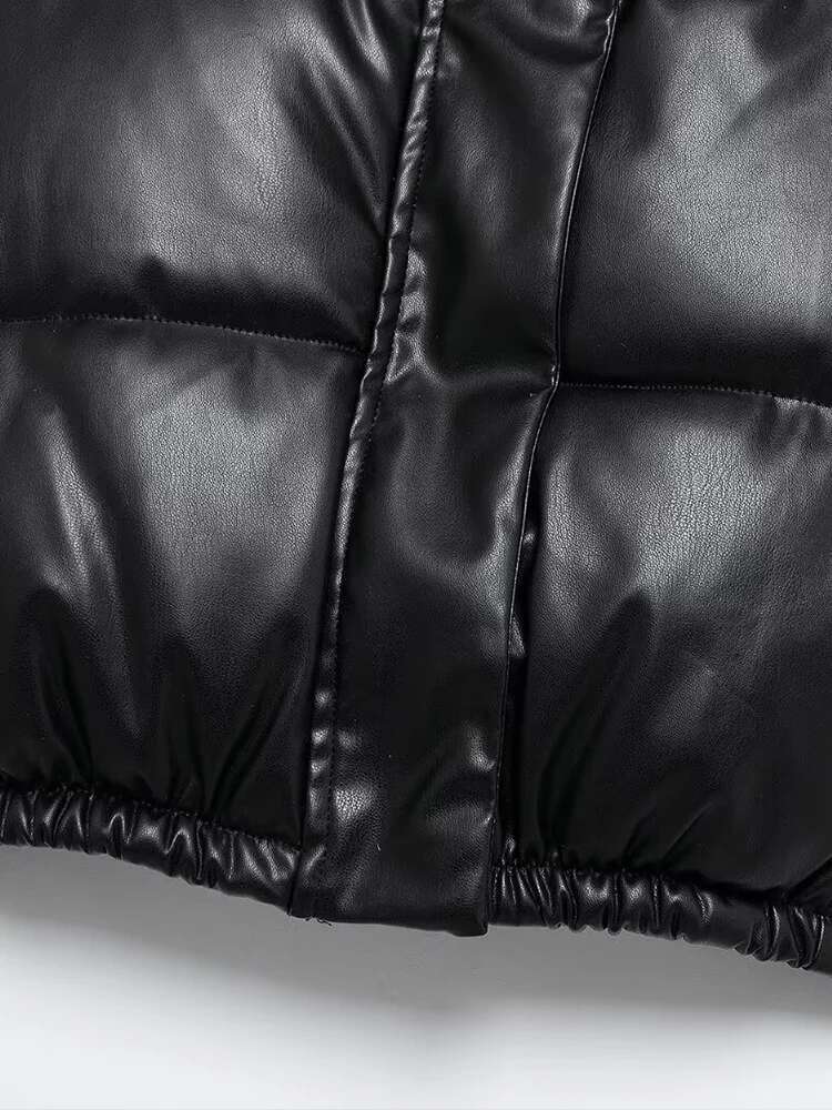 2025 Fashion Women's Black Short Vest PU Imitation Leather Cotton Designer Jacket Tank Top Thickened Coat