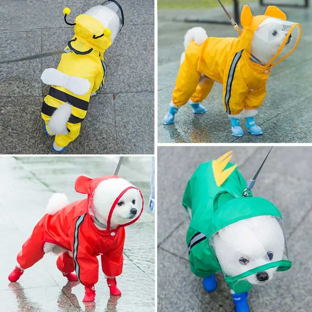 Cute Bear Shape Dog Raincoat Puppy Rain Jacket Full Body Coverage with Hat Reflective Double Layered Waterproof Dog Hooded CloakXJ250109