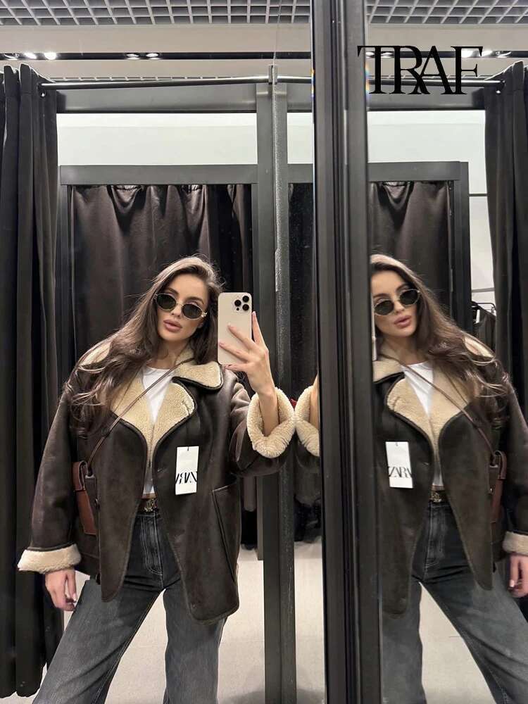 TRAF Women's Fashion Retro Khaki Faux Leather Warm Thickened Autumn And Winter Lapel Single Breasted Pocket Commuter Coat