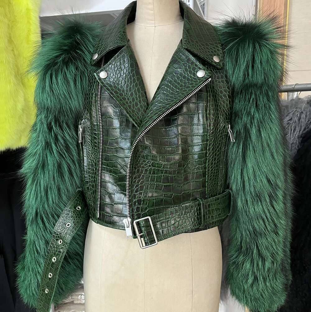 Yoloagain Real Fox Fur Sleeve Sheepskin Women Brown Croc Pattern Leather Jacket Female
