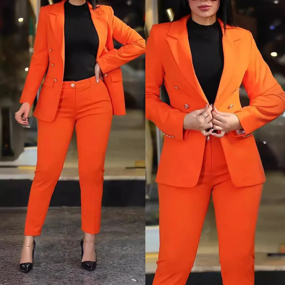 2pcs Women Office Clothing Set Long Sleeve Blazer Jacket High Waist Pencil Pants Solid Color 250106