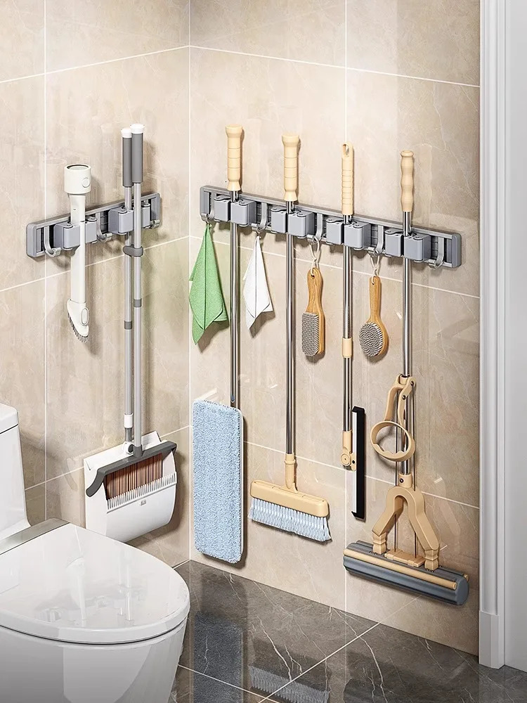 Mop and Broom Organizer Mop Holder Rack Mop Holder Wall Mounted Strong Broom Mop Holder Self With 5 Hooks Organizers Hang Broom 250107