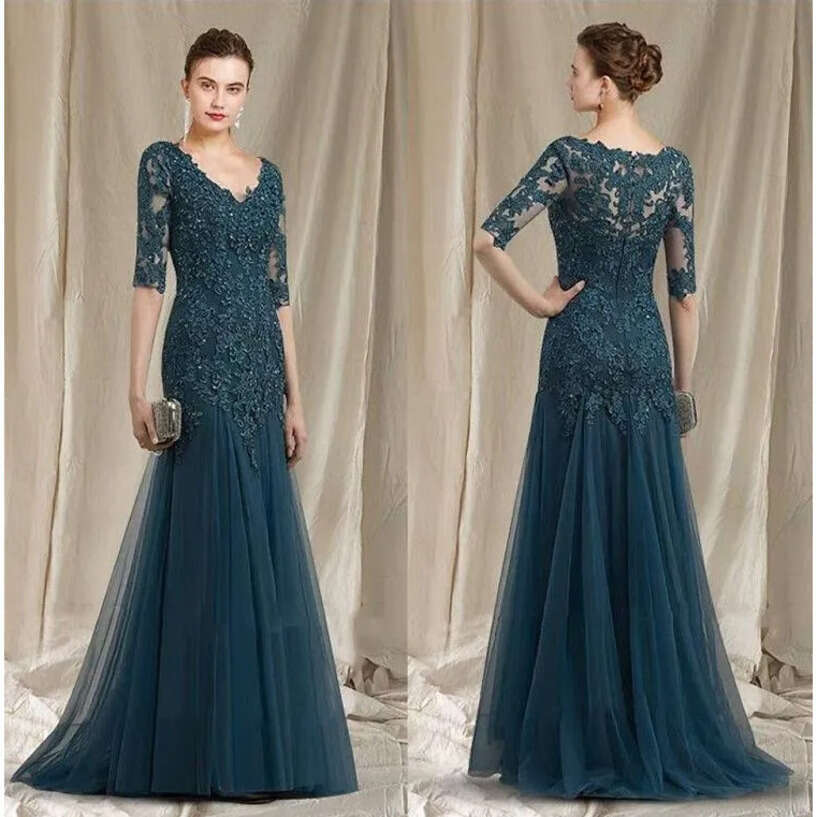 Elegant 2/4 Long Sleeve Lace Mother Sheer V Neck Tulle Applique Sheath Or Length Formal Party Evening Dree C18260 0618