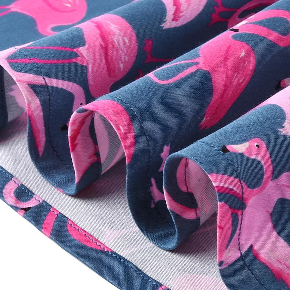 Cotton Women Retro Pleated Skirts 50s Kawai Vintage Rockabilly Swing Flamingo Printed High Waist Casual Tutu Summer Skater Blue 250106