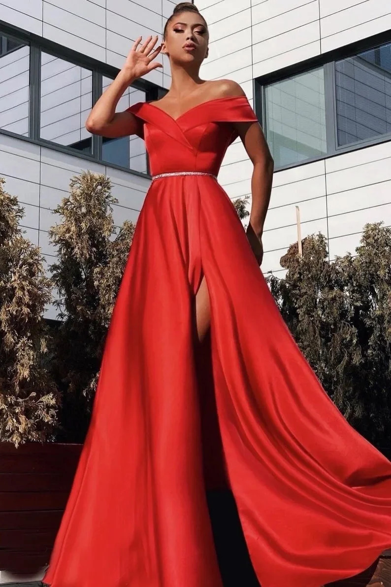 Prom Dresses Long Off Shoulder V Neckline with Slit Satin Red A Line Formal Party Evening Gowns Women Custom made 250106