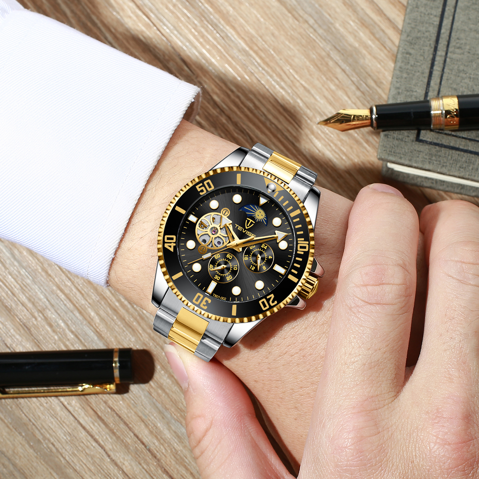 TEVISE Mens Luxury watch Fashion Designer Watch Mens Automatic Mechanical Multifunctional Business Waterproof Classic Wrist Watch T039 T801-002