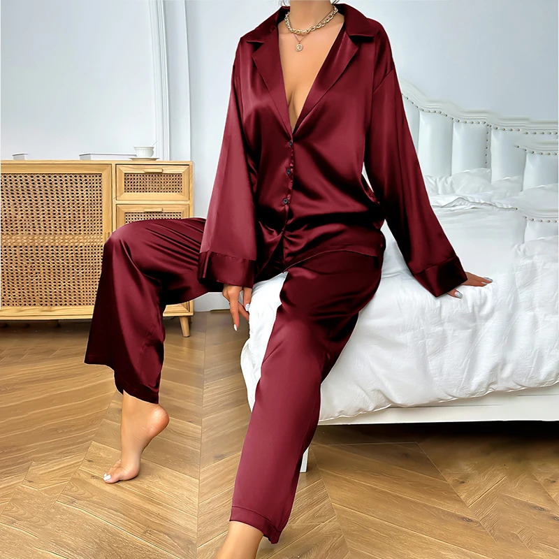 Womens Home Clothes Satin Silk Sleepwear Low Cut Sexy Pajamas For Femme SingleBreasted Long Sleeves Wide Leg Pants Trouser Set 250106