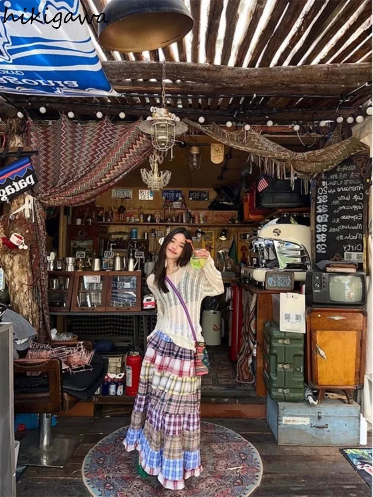 Colorful Plaid Printed Patchwork Skirt for Women Faldas Mujer De Moda High Waist Aline Print Jupe Loose Sweet Long Skirts 250106