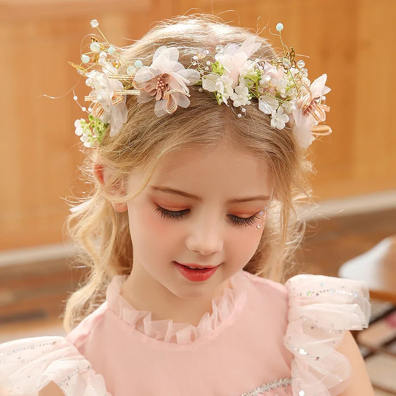 Spring Bohemian Girls Bridal Pearl Hair Headdress Flower Wreath Bride Garland Head Hoop Headbands Jewelry Children Gifts 241228