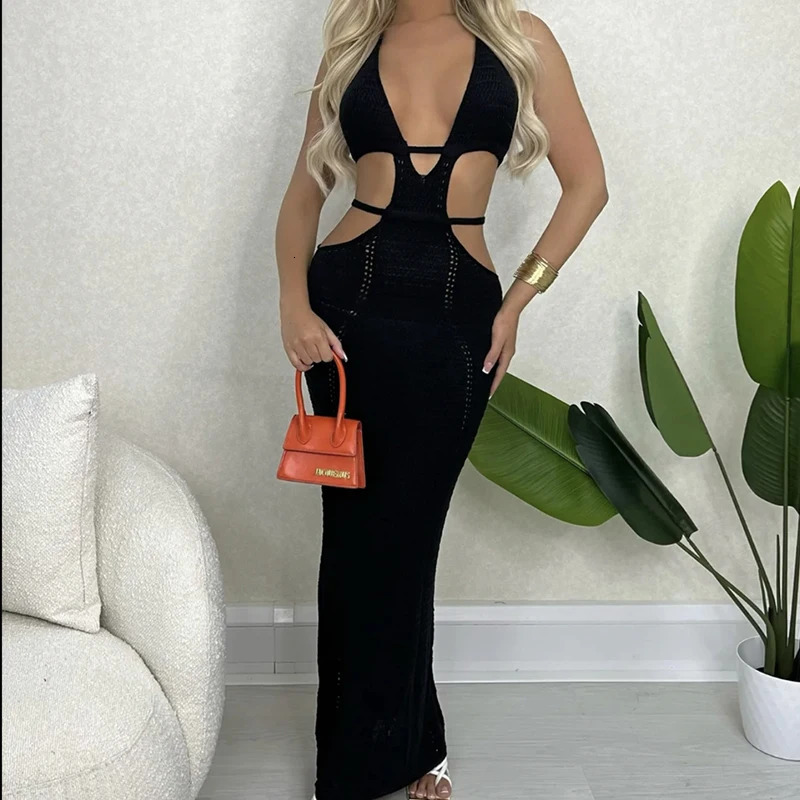 Style Hollow Out Backless Tie Up Dress Women Beach Holiday Sun Bathing Sunscreen Long Knitting Beachwear Cover 250108