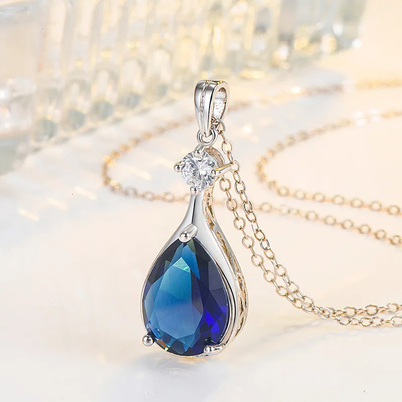 y Necklace for Women 925 Silver Jewelry Accessories Water Drop Shape Sapphire Zircon Gemstone Pendant Wedding Party Gift 250109