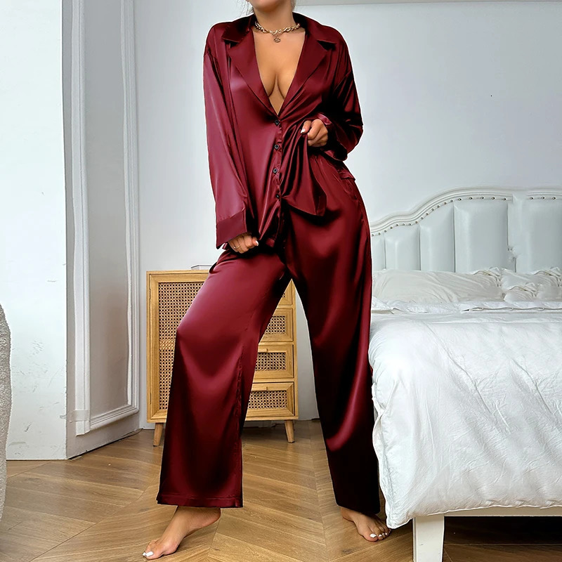 Womens 2 Piece Silk Satin Pajamas Long Sleeve Deep Vneck Lounge Sets Button Down Shirts And Pants Pj Fashion Oversized Outfits 250106