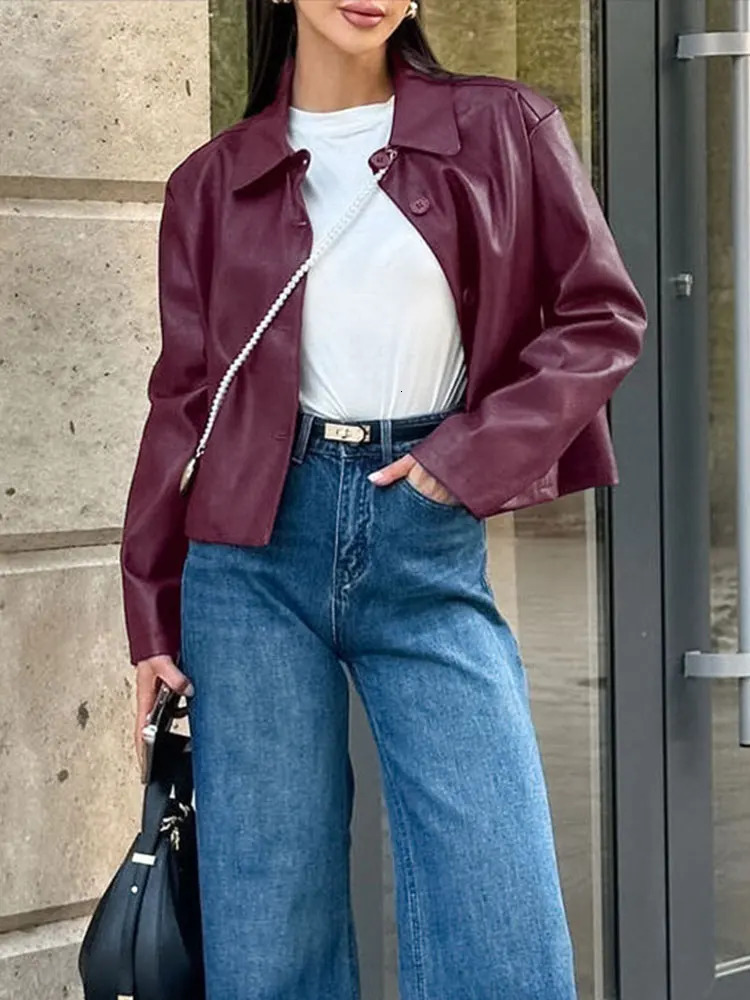 Vintage Burgundy Leather Jacket Street Laple Single Breasted Full Sleeve Lady Coats 2025 Spring Fashion Female Outwears 250103