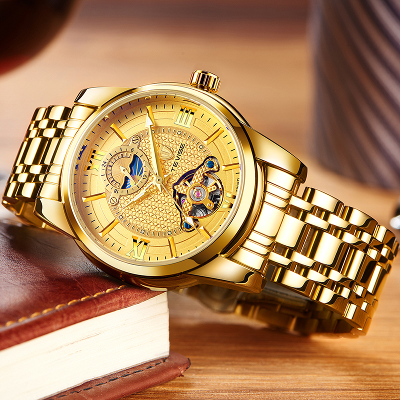 TEVISE Luxury Watches Mens Automatic Mechanical Transparent-back Waterproof Movement Watch WristWatch T047-T805D