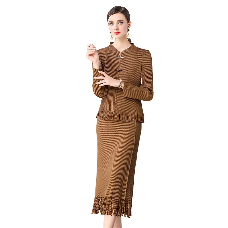 Spring Vintage Tassels Miyake Pleated 2 Pieces Set Women Solid Office Stretch Blouse TopElastic Waist Midi Skirt Suit 250106