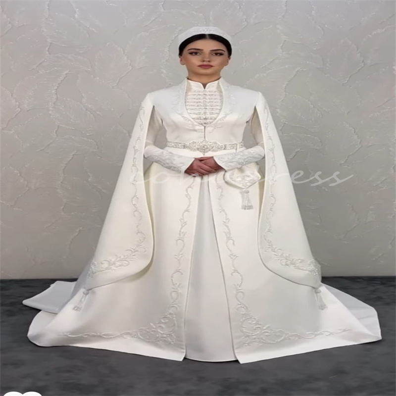 Catholic Caucasian Wedding Dress 2025 Traditional Muslim Arabian Bride Dress Long Sleeve Beaded Turkish Circassian Islamic Bridal Dress Moroccan Dubai