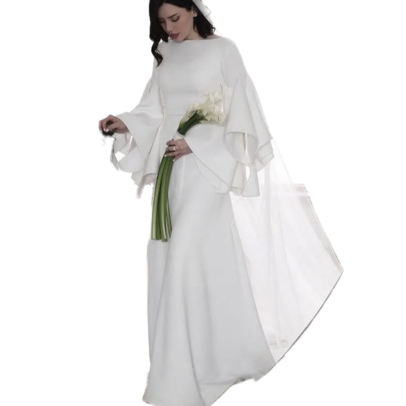 Simple Satin A-Line Wedding Dresses With Flare Sleeves Chic Long White Bridal Gowns Bateau Neck Elegant Bride Dress 2025