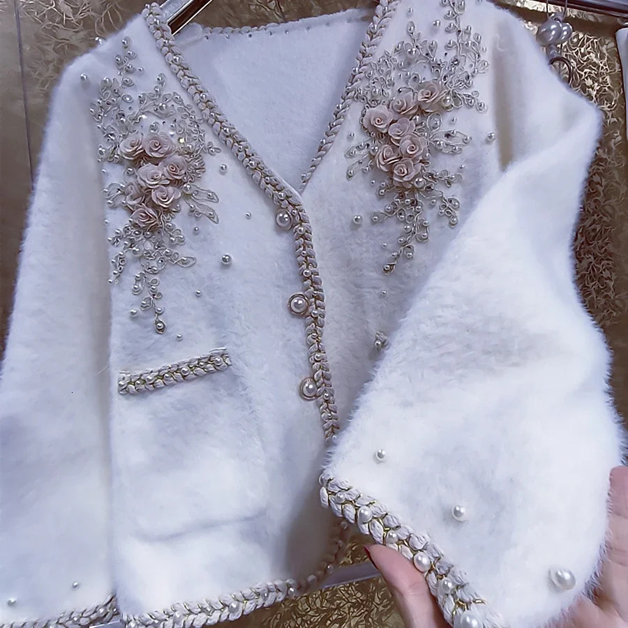 y 3D Flowers y Diamonds Beaded Coarse Mink Cashmere Knitted Cardigan Pearls PlushTwist Edge Mohair Sweater Coat 250108
