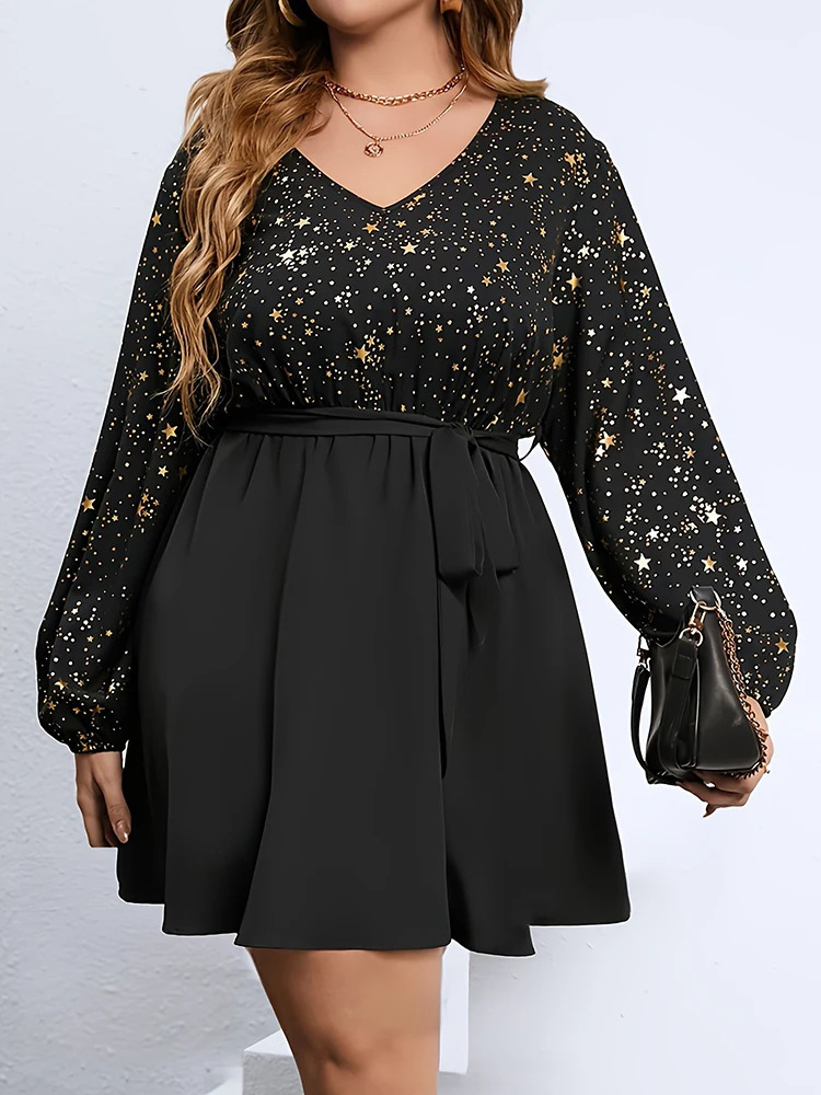 Plus Size VNeck Long Sleeve Dress Splicing n Loose Comfortable Elegant Fashion Spring Banquet Party Starlight 250106