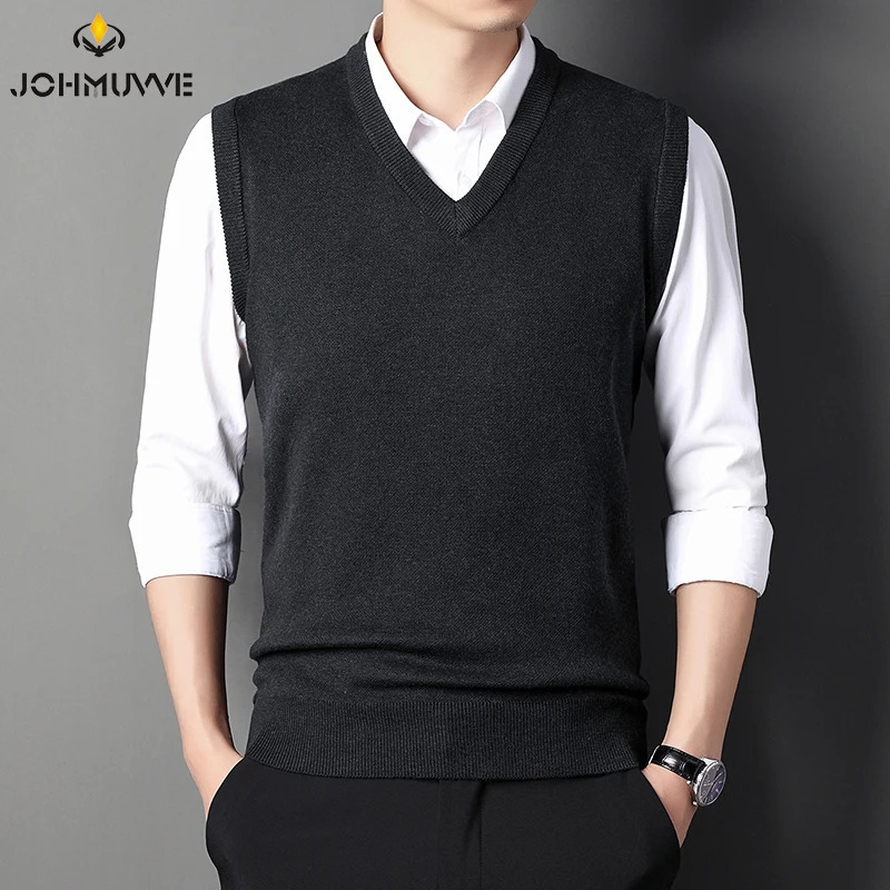 JOHMUVVE Men Vneck Vest Trend Retro Solid Color Allmatch Casual Business Work Woolen Knit Autumn 250107