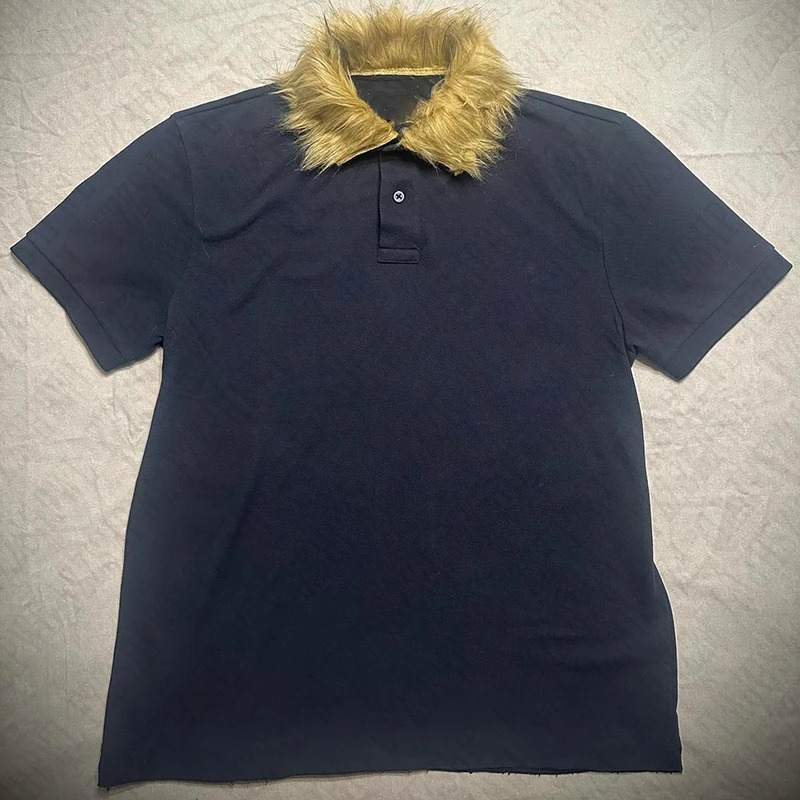 Fashion Short Sleeve Top Plush Patchwork Collar Hip Hop Solid color Tshirt Men Y2K Clothes Vintage Streetwear Grunge Goth 250106