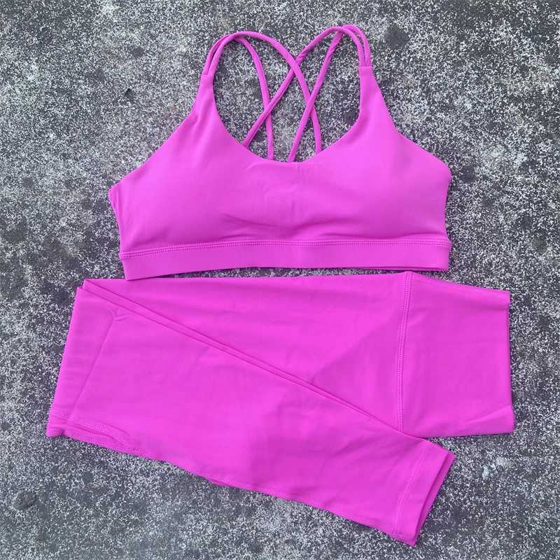 Solid color High waist Yoga Leggings 2pc Gym Yoga Set Women cross Back Shoulder Straps fitness Bra Top +Athletic Tight TracksuitXJ250109