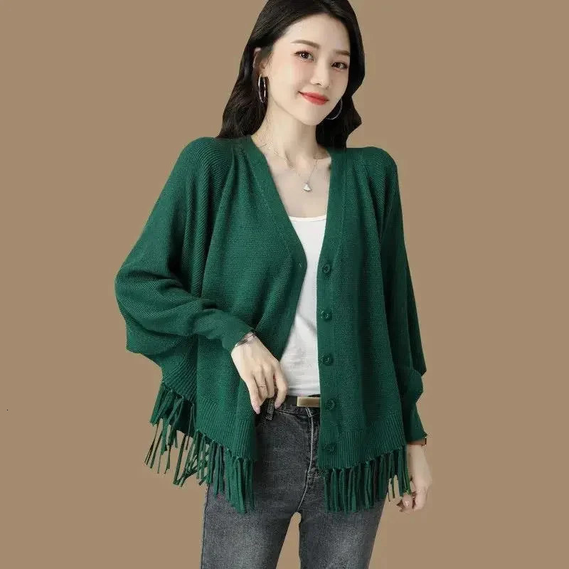 Fringed Bat Shirt Knit Cardigan Women Fashion Loose Coat Spring Autumn Short Jacket Foreign Sweater Outerwear Female Top 250108