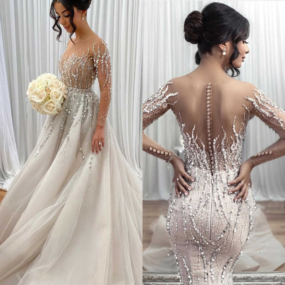 African Mermaid Wedding Dress Sheer Neck Full Sleeves Beaded Sequins Vintage Elegant Bridal Gowns With Detachable Train