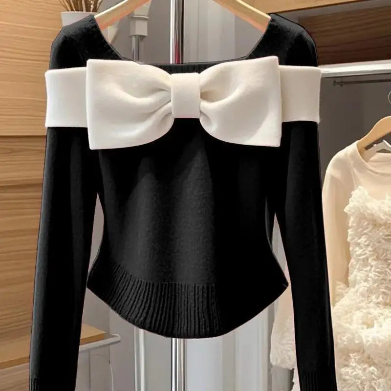 Women Clothing Fashion Elastic Slim Wool Commute Knitted Pullovers Autumn Winter Temperament Elegant Chic Bow Sweaters 250108