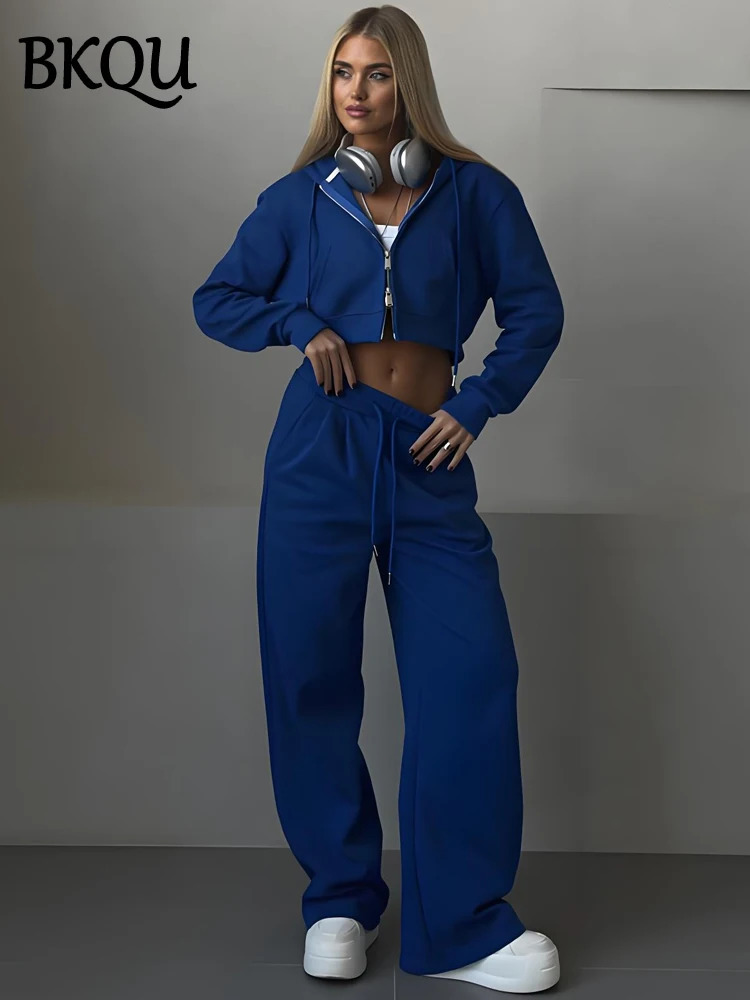 BKQU Fashion Two Piece Women Hoodie Pants Set Casual Long Sleeve Zip Up Jacket Sweatshirt Suit Baggy Sweatpants Woman Tracksuit 250106