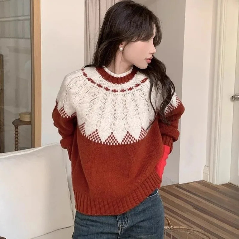 Women Autumn Winter Korean Fashion Patchwork Color Blocking Oneck Clothing Retro Pullover Sweater Long Sleeve Top 250108