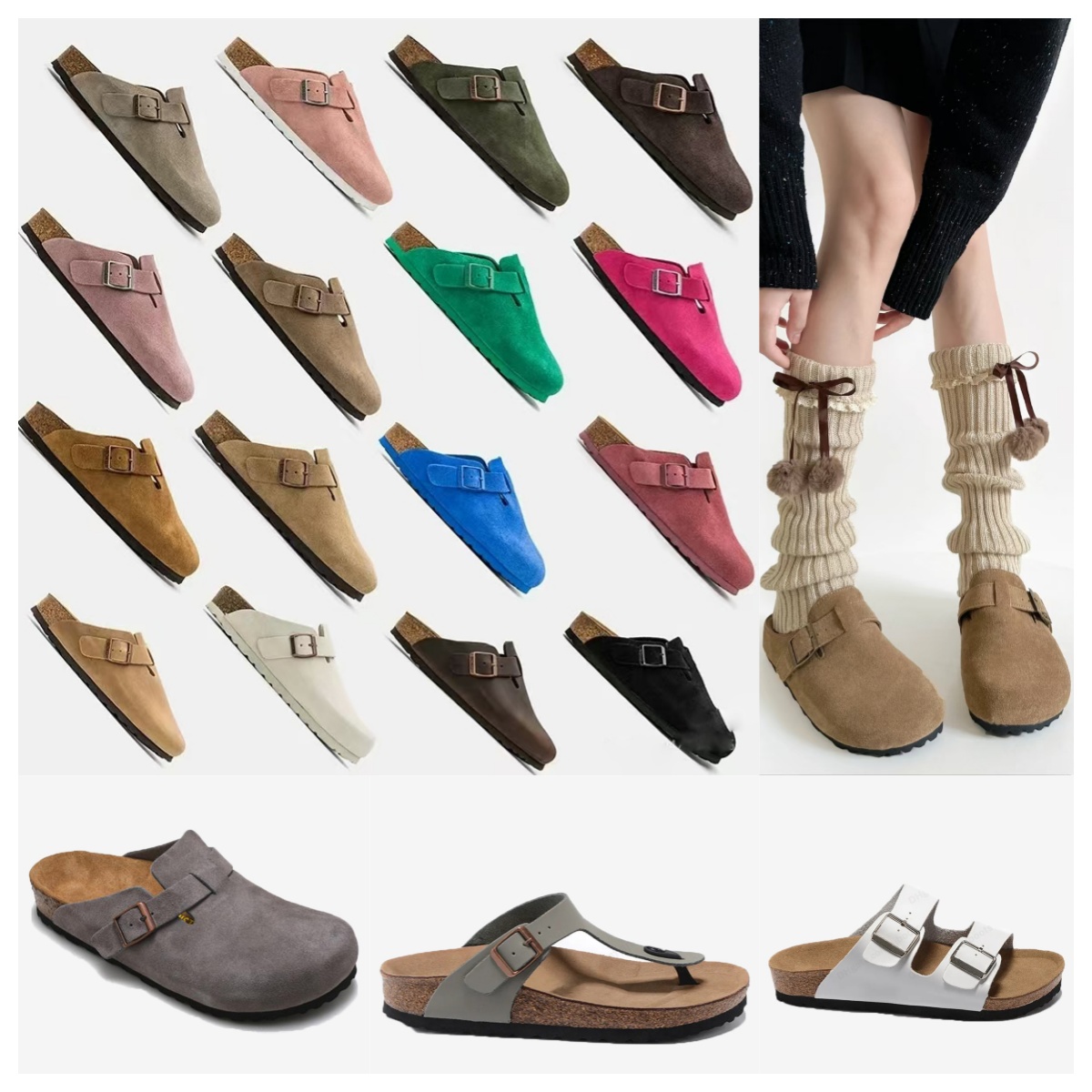 Boston clogs big size us 5-11 Shearling slippers winter slides soft footed platform german Slipper Fur Suede Leather Slippers nubuck wood cork bostonClogs Sandal