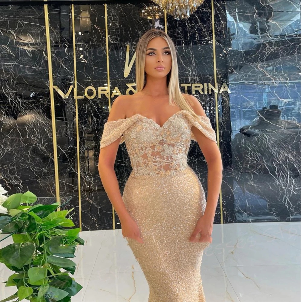 Off Shoulder Evening Dress, Sequined Appliques, Sweep Train, Custom Fit, 2024 Party Gown