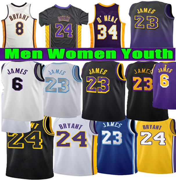 Mens Youth James Bryant Basketball Jerseys 8 24 23 Black Mamba Doncic Reaves Lakers Kids Boys Children ed