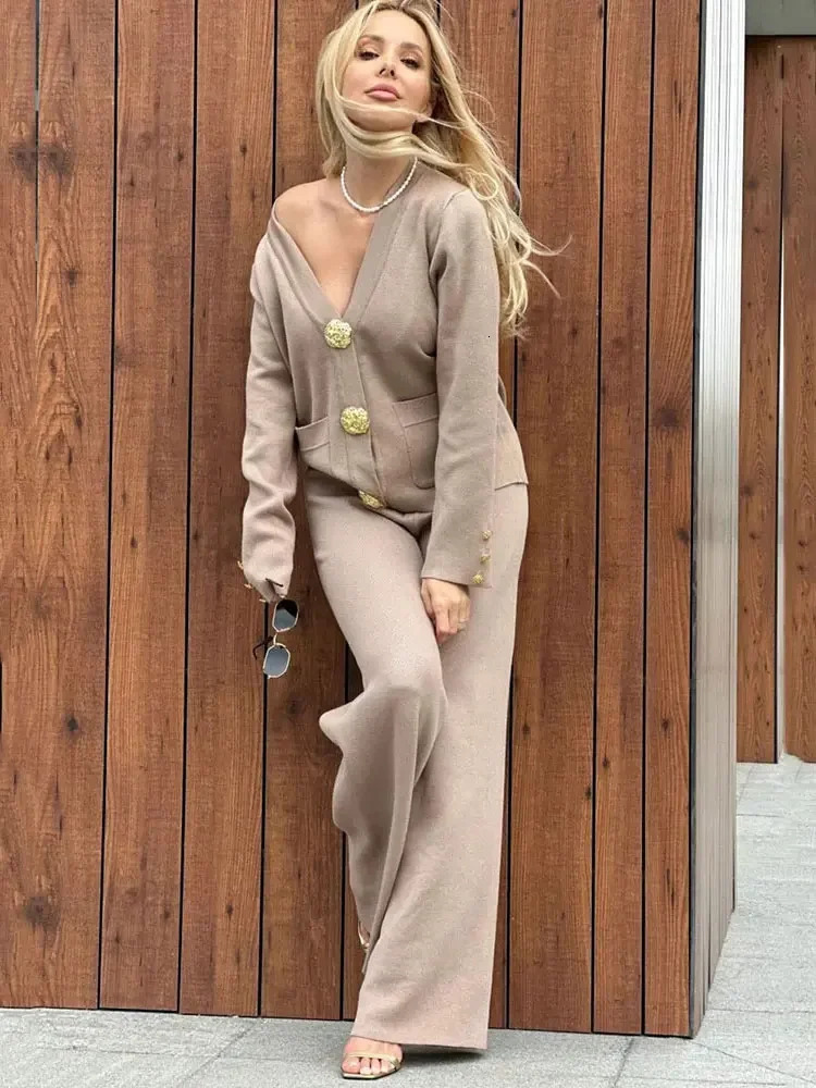 Casual Womens Knitted Pants Set Vneck Long Sleeved Single Breasted Sweater CardiganFlare Two Piece 250106