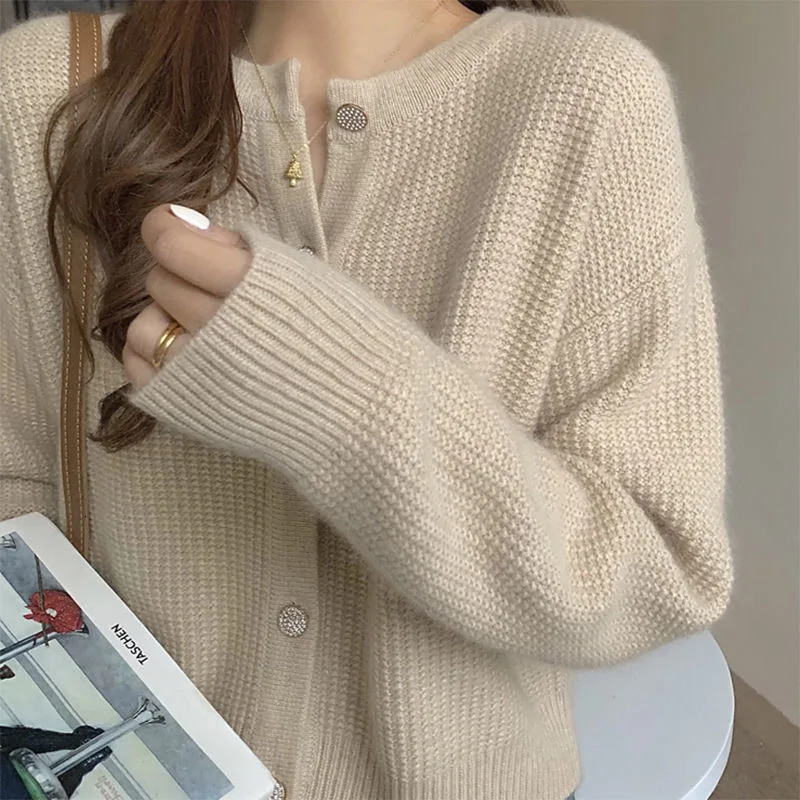 Vintage Solid Color Sweaters For Women Button Knitted Round Neck Comfortable Autumn Winter Fashion Cardigan 250108