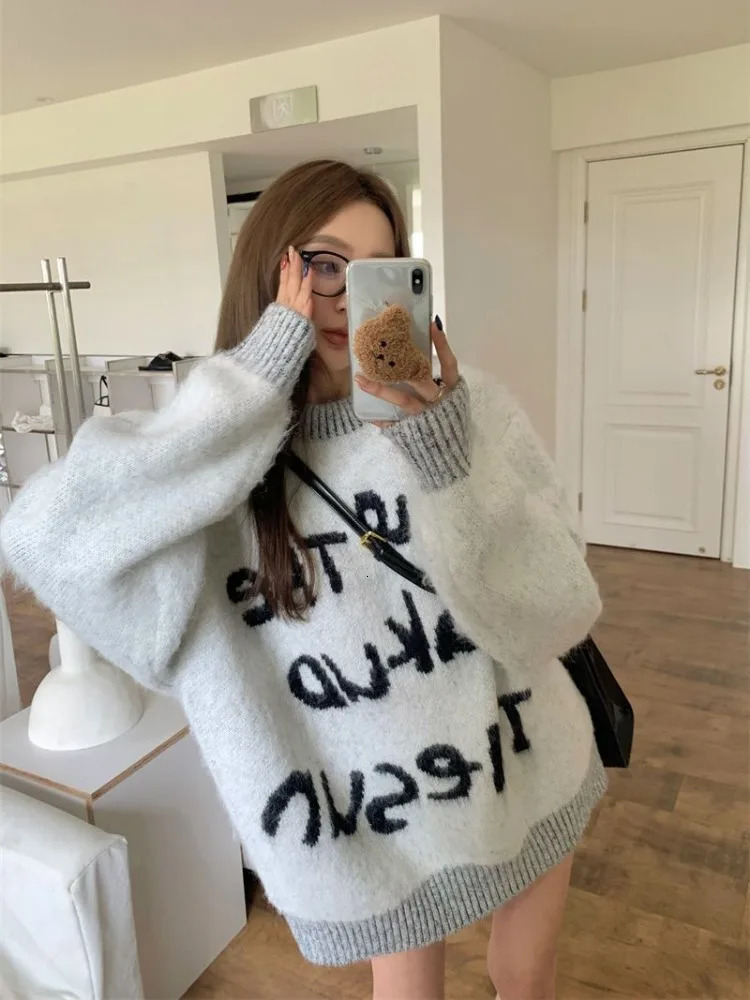Ezgaga Knitted Sweater Women Vintage Autumn Winter Fashion Letter Printed O Neck Loose Stretch Pullover Ladies Jumper 250108