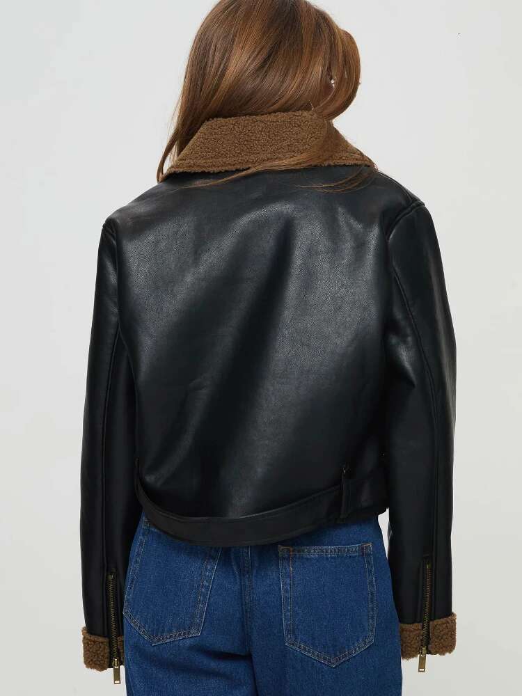 ZBZA Women PU Leather Warm Locomotive Jacket Lapel Long Sleeves Oblique Zip Pocket Thick Outerwear Winter New Female Coat
