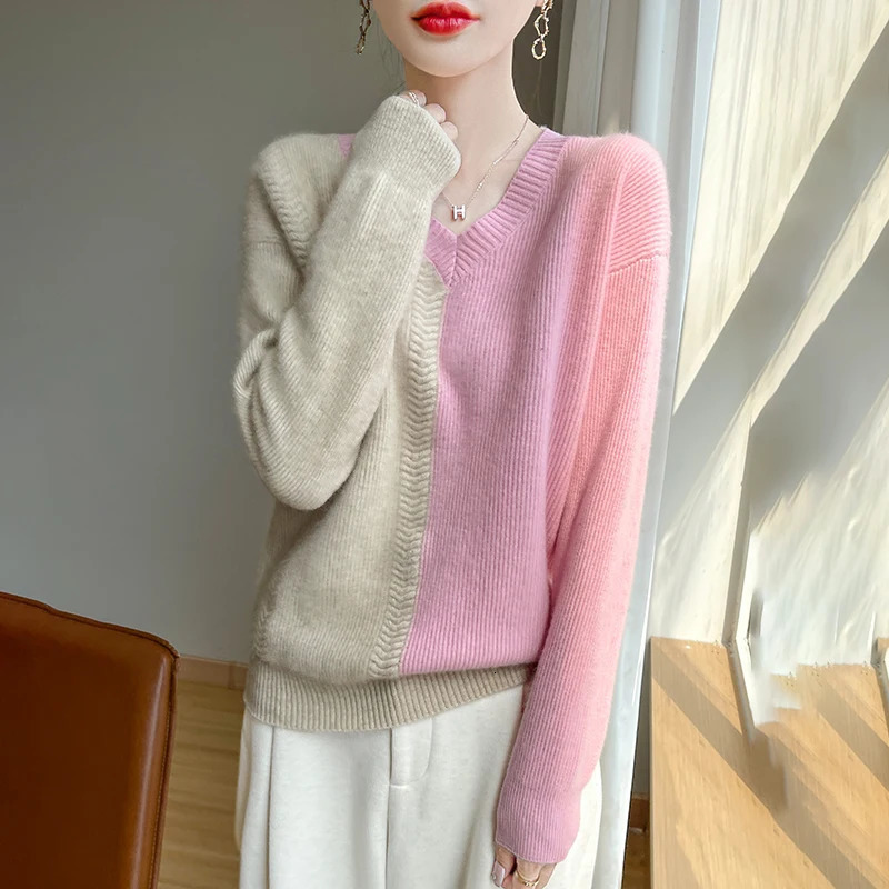 Autumn and Winter Womens Vneck ColorBlock Sweater Comfortable Warm 100% Pure Wool Loose Pullover Top 250108