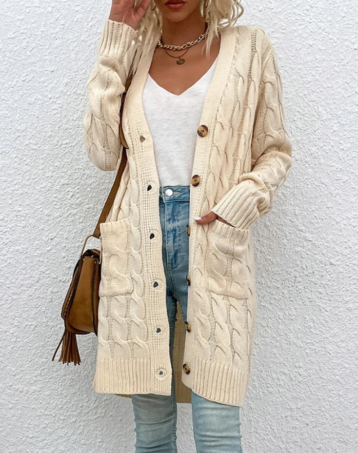 Womens Lazy Style Cardigan Autumn Winter Latest 2025 Long Sleeve Button Pocket Front Cable Knit Jacket Coat Open Front Top 250106