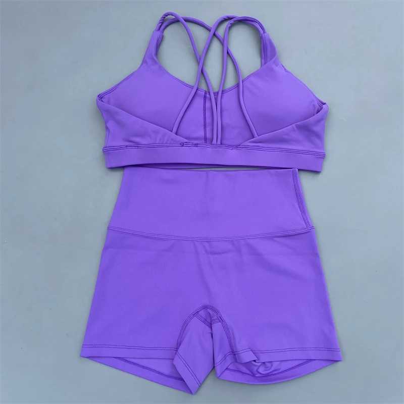 Yoga Shorts Set Women Gym Sports Set Workout Tracksuit 2 Piece Fitness Suit Cross Straps Bra High Waist Shorts Running ClothesXJ250109