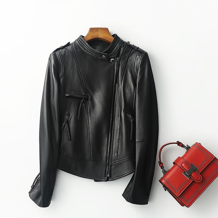 574Y946 Spring and Autumn Women's Jacket Leather Short Sheepskin Slim Fit and Slimming Motorcycle Suit Wholesale and Customization