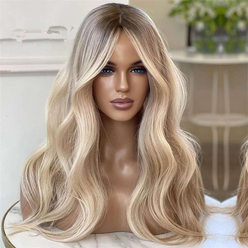 Wavy Front Glueless Wig Long Synthetic Hair Lace Wigs for Women Platinum Ashy Blonde Wear and Go