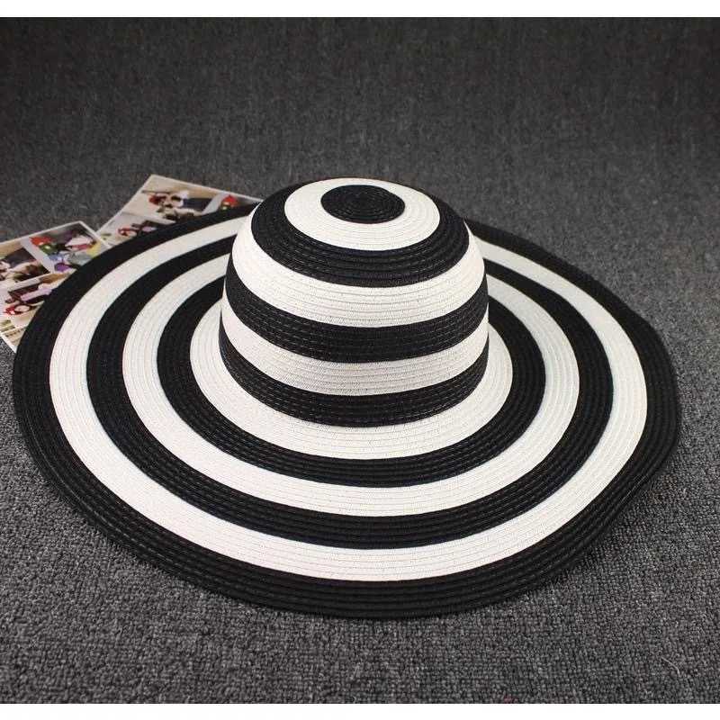 Straw Hat Fem Summer Beach Big Edge Korean Edition Straw Hat Foldable Black and White Striped Sun Hat Visor Panama Hat X250109