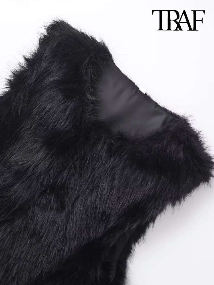 Traf-Women's Faux Fur Cropped Waistcoat, O Neck, Sleeveless, Female Outerwear, Chic Tops, Fashion
