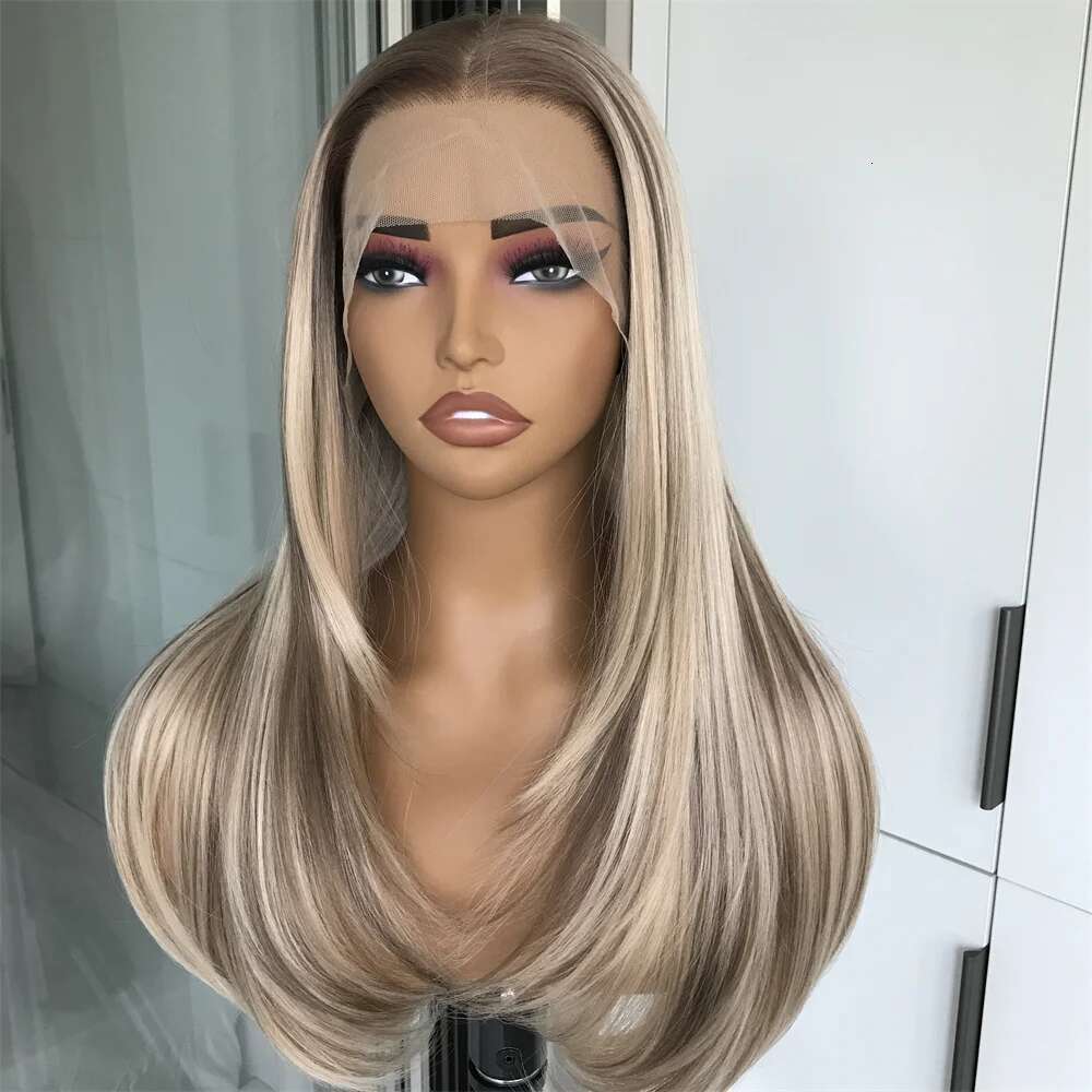 Front Highlight Layered Straight Synthetic Lace Wigs For Women Blonde Mix Brown Colored Wig Pre Plucked