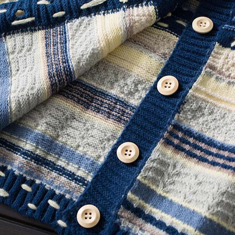 Women Prairie Chic Loose O-Neck Striped Patchwork Oversized Sweater Female Knitting Cardigan All-Match Buttons Preppy Style Tops