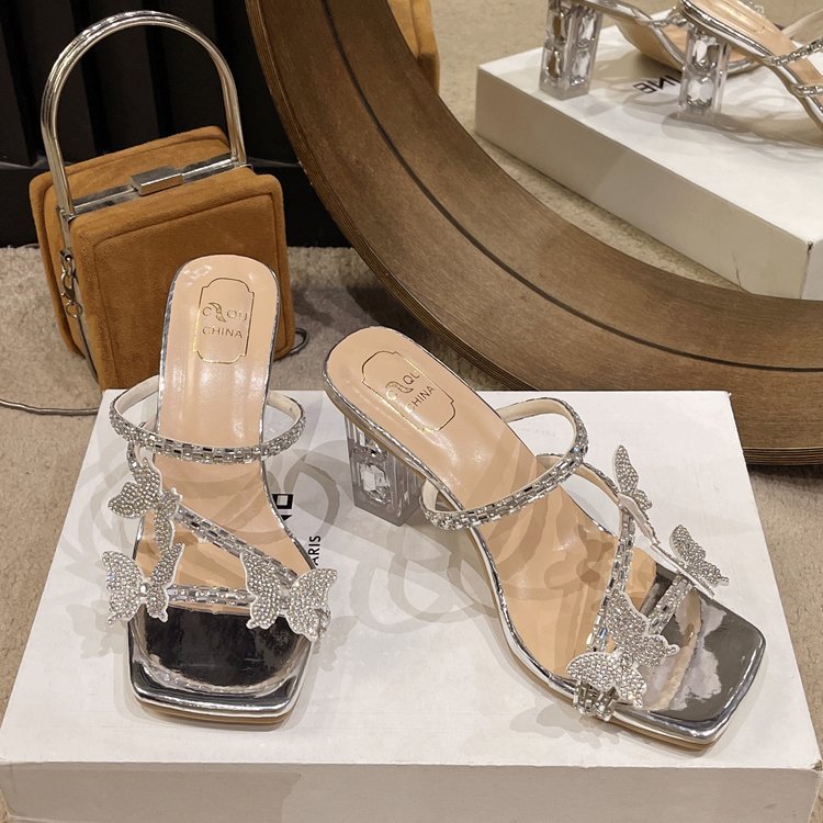 Women Slippers New Fashion High Heel Crystal Coarse Heel Sandals Butterfly Diamond Triple White Silver Free shipping