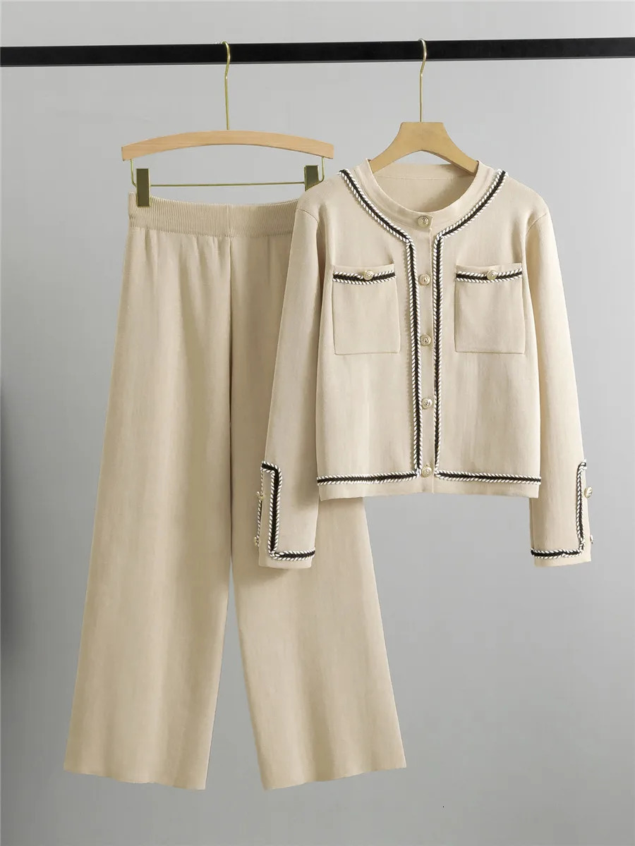 Women Casual Knitted 2 Pieces Sets Korean Cropped Knitwear Sweater Cardigan Tops Conjuntos High Waist Ankle Length Pants Suits 250106