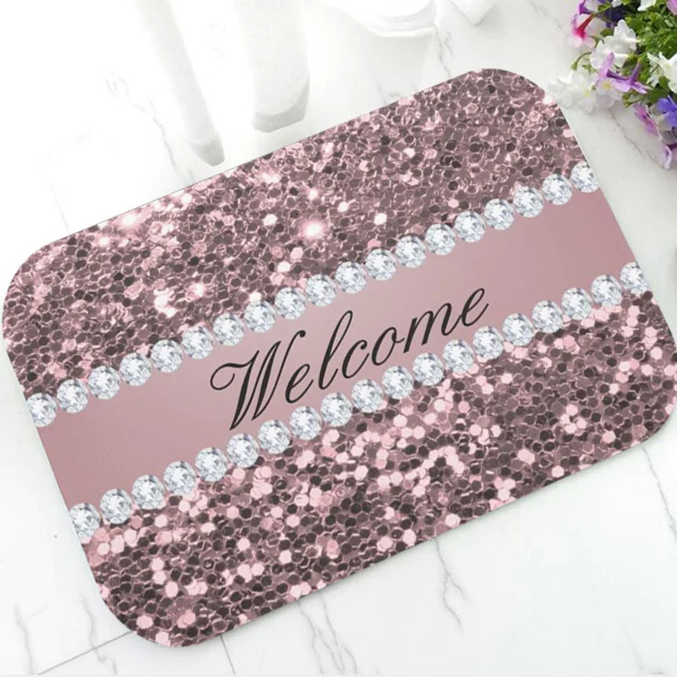 Trendy Faux Pink Sequins and Diamonds Doormat Chic Girly Welcome Floor Rug Bath Mat Kitchen Entry Door Mats Modern Rubber Carpet 250109